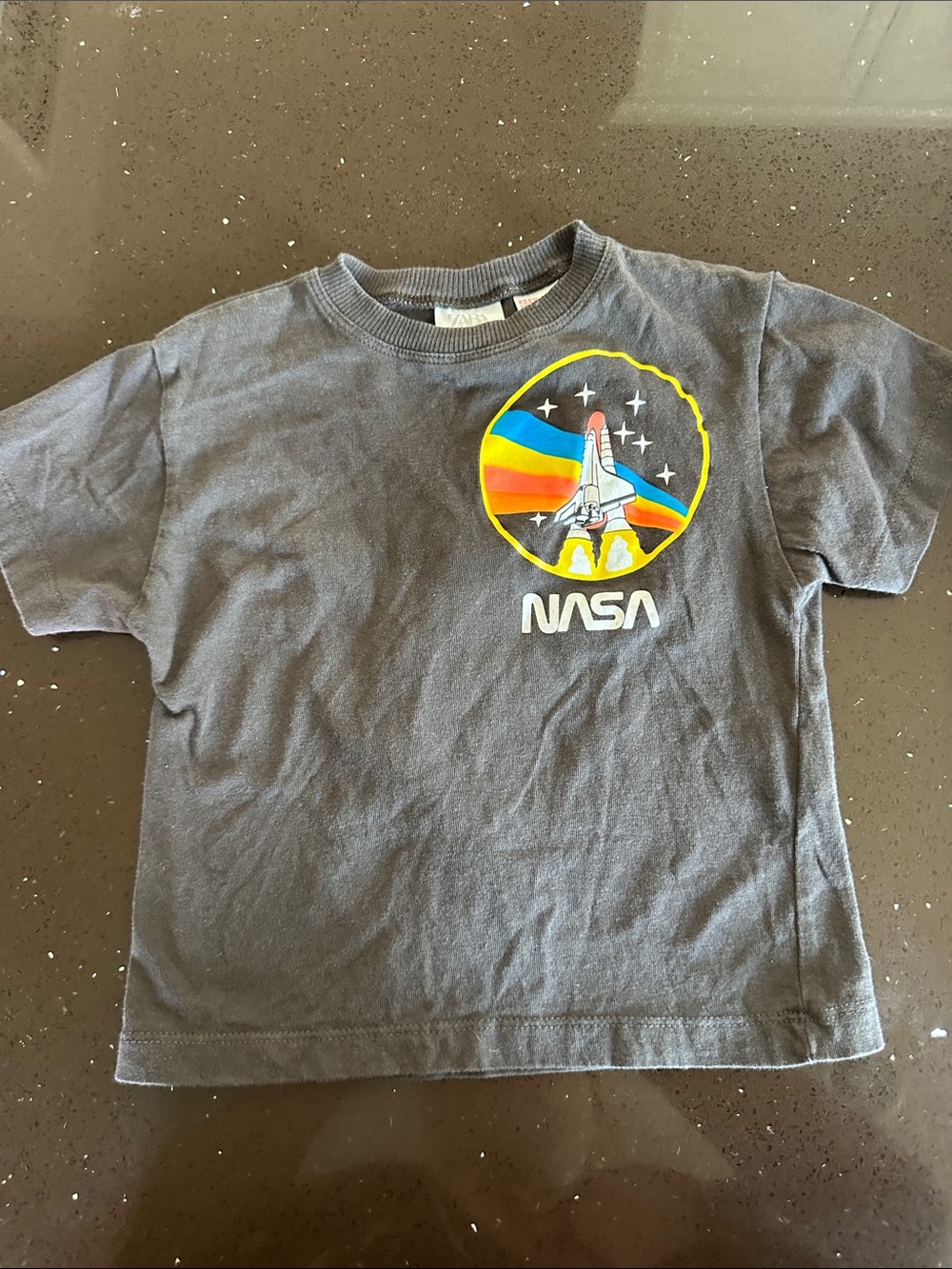 Zara Black Short Sleeve Tee with Colorful NASA Shuttle Patch